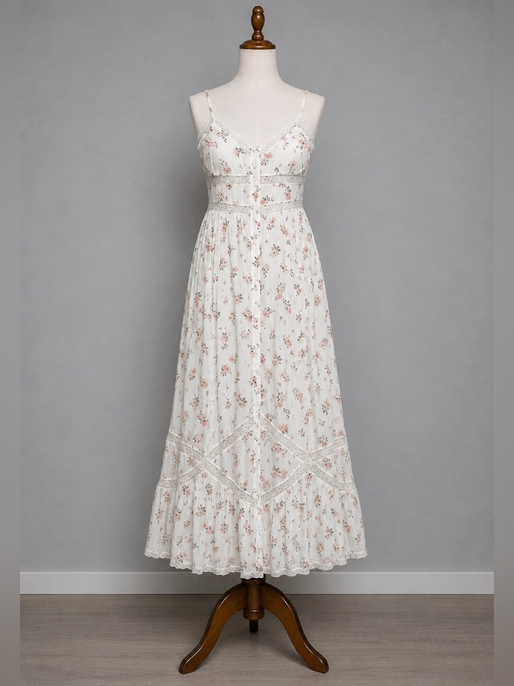 And Now This Floral Maxi Dress M NWT Lace Trim Button Front Cottagecore Boho